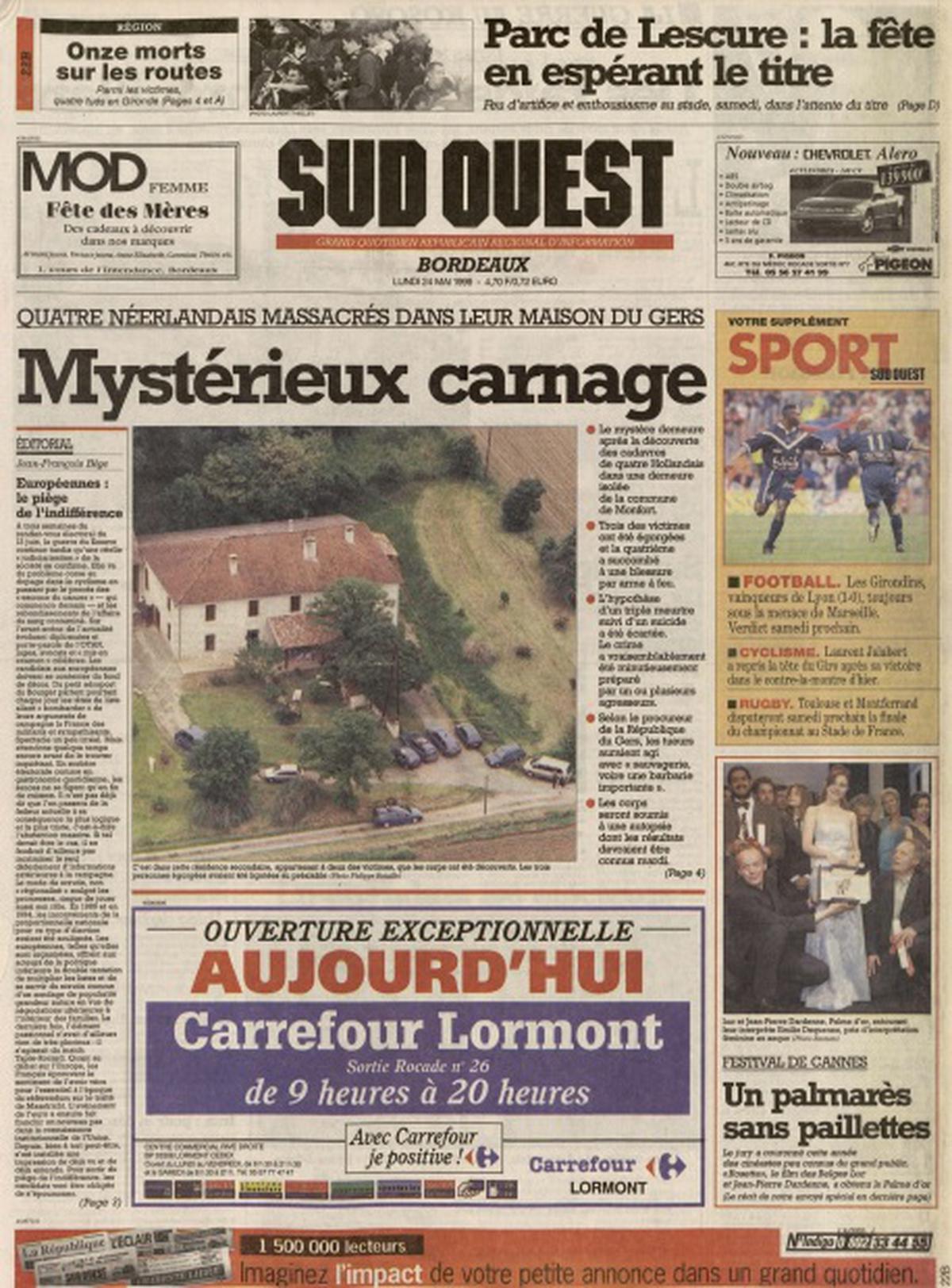 Une du journal Sud Ouest, titrant "Mystérieux carnage"